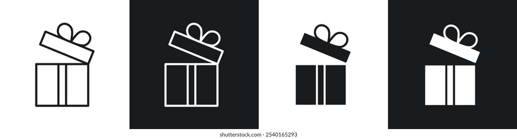 Open gift box icon set. Vector symbols in black and white colors.