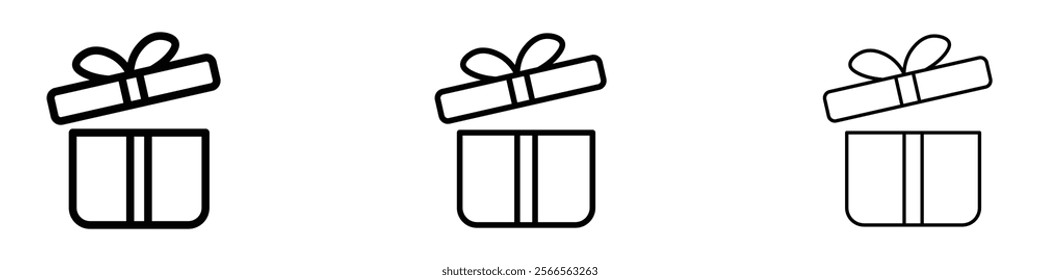Open gift box icon in tree different line stroke sizes.
