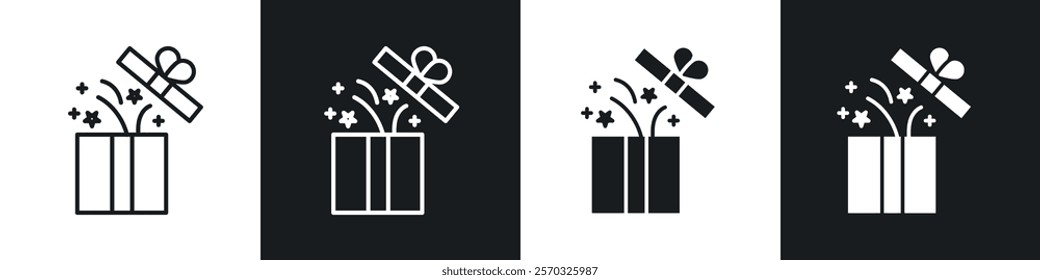 Open gift box icons vectors set in black. line and flat versions