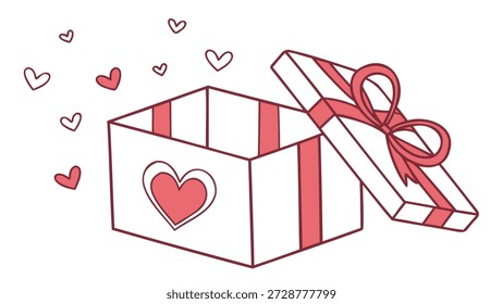 Open gift box illustration with heart symbol expressing love romance surprise and valentines day celebration concept