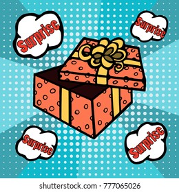 Open gift box with the inscription Surprise. Pop art retro comic vector illustration isolated on a blue background with dots.