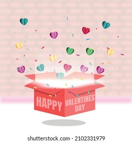 Abrir caja de regalo con corazones aislados en blanco. Corazón volador con confetti. Para el diseño de tarjetas de felicitación de cumpleaños para mujeres felices, madres, San Valentín.