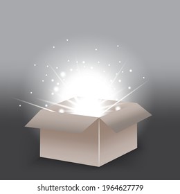 Open gift box isolated. Light effect. 3d open box for game background design. Vector illustration. Stock image. EPS 10.