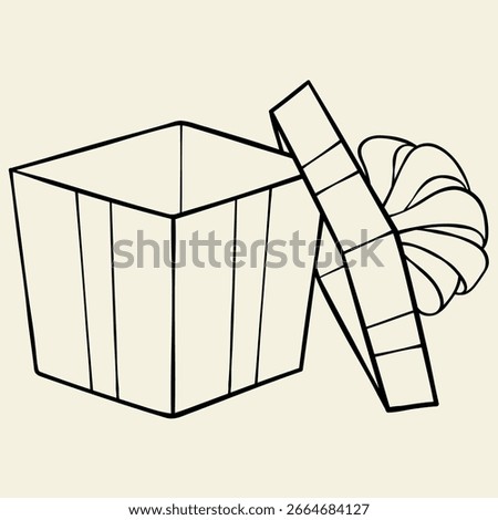 open gift box and lid with pom pom bow line outline doodle. Human-made. Not generated by AI.