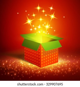 Open Gift Box with Light. Christmas Gift. Vector illustration