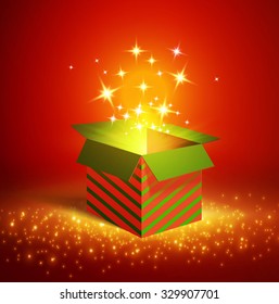 Open Gift Box with Light. Christmas Gift. Vector illustration