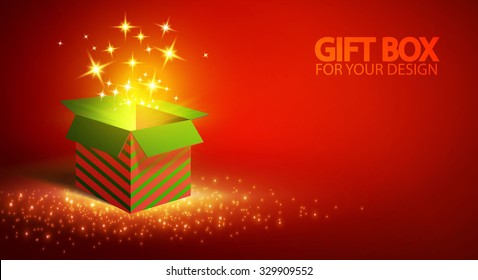 Open Gift Box with Light. Christmas Gift. Flyer template. Vector illustration