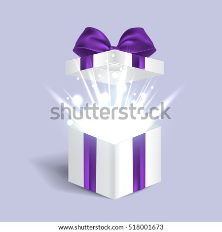 Open gift box with light effects. Vector illustration.
