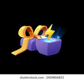 Open gift box with lightning flash and magic glow inside. Game ui element for achievement unlock, bonus and reward. Isolated cartoon illustration on dark background.