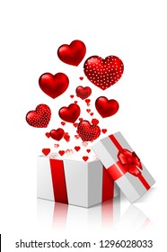 open gift box lights and heart balloons on white background