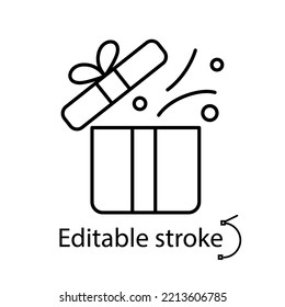 Open gift box line icon. Surprise inside. Enter to win. Happy new year and Christmas. Birthday present. Season holiday. Customizable linear item. Editable stroke. Isolated vector stock illustration