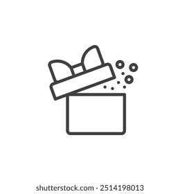 Ícone de linha de caixa de presente aberto. sinal de estilo linear para conceito móvel e web design. Uma caixa de presente aberta com confete que abre o ícone do vetor do contorno. Símbolo surpresa, ilustração do logotipo. Gráficos vetoriais