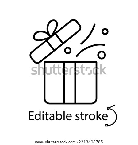 Open gift box line icon. Surprise inside. Enter to win. Happy new year and Christmas. Birthday present. Season holiday. Customizable linear item. Editable stroke. Isolated vector stock illustration