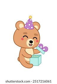 Geschenkbox öffnen. Kleiner Bär öffnet sein Geschenk zum Geburtstag. Cartoon, Kawaii, einzelne Vektorgrafik, Folge 10