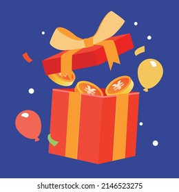 Open gift box with lots of gold coins and coupons, vector illustration