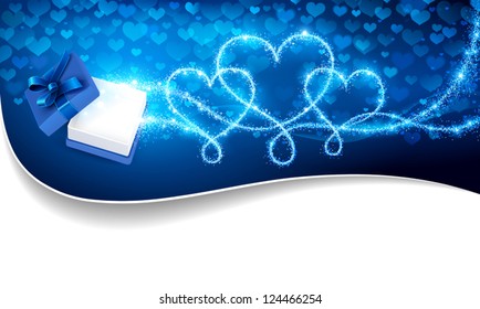 Open gift box with magic hearts