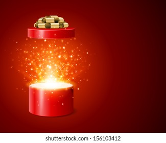 Open Gift Box And Magic Light Fireworks Christmas Vector Background. 