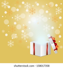 Open gift box with magic light emitting, vector illustration