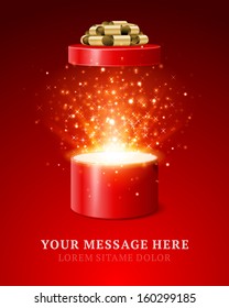 Open Gift Box And Magic Light Fireworks Christmas Vector Background. 