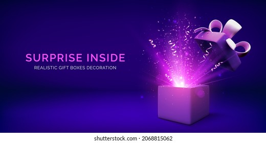 Open gift box and magic light fireworks. Holiday Christmas banner with surprise box and confetti. Vector illustration