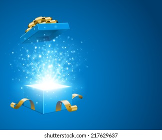 Open Gift Box And Magic Light Fireworks Christmas Vector Background. Greeting Card. 