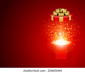 Open gift box and magic light fireworks Christmas background. Raster version. 