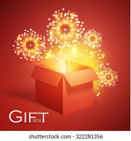 Open gift box and magic light fireworks. Christmas design. Vector illustration