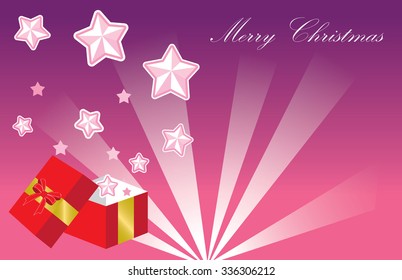 Open gift box and magic light fireworks Christmas vector background.