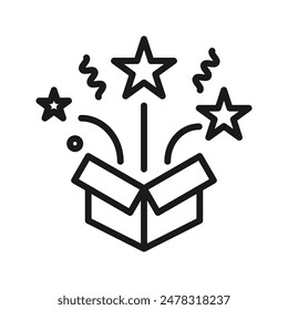 Caja de regalo abierta y magia en estilo de línea, símbolo de la sorpresa. Ilustración vectorial