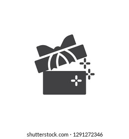 Open gift box with magic stars vector icon. filled flat sign for mobile concept and web design. Surprise present box simple solid icon. Symbol, logo illustration. Pixel perfect vector graphics