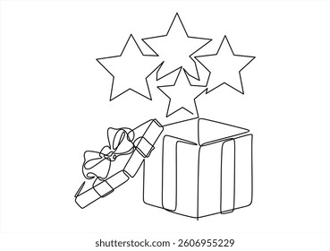 Open gift box and magic stars simple line vector icon.