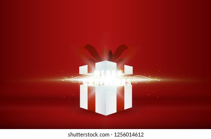 Open gift box with merry christmas bright rays of light. vector illustration
