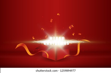 Open gift box with merry christmas bright rays of light. vector illustration