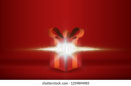 Open gift box with merry christmas bright rays of light. vector illustration