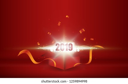 Open gift box with merry christmas bright rays of light. vector illustration