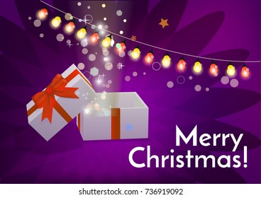 Open gift box with Merry Christmas text banner template vector illustration