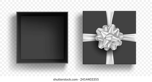 Cajón de regalo abierto con arco y cinta adhesiva. Plantilla de vector aislada en fondo transparente. 