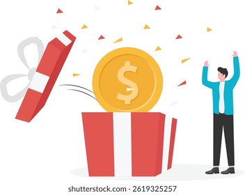 Open gift box with money bonus. Stimulation and motivation for effective work.


