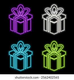 Open gift box neon icon. Surprise inside. Enter to win. Happy new year and Christmas decoration. Birthday present. Season holiday. Shiny label on brick wall. Editable stroke. Vector stock illustration