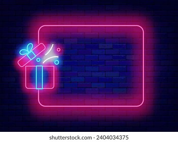 Open gift box neon poster. Present symbol. Surprise and empty pink border. Merry Christmas and Happy New Year. Anniversary and Birthday holiday. Copy space. Editable stroke. Vector stock illustration