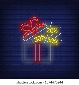 Open gift box neon sign with discount percentage values. Holiday, sale, shopping design. Night bright neon sign, colorful billboard, light banner. Vector illustration in neon style.