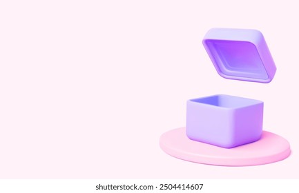 An open gift box on a podium in soft purple and pink tones. Perfect for online store promotions, greeting card designs, and versatile usage across various contexts related to gifts, surprises