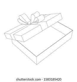 Open gift box. Outline drawing. Vector illustration isolated on white background