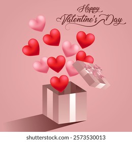 An open gift box overflows with red and pink heart shaped objects symbolizing love Happy Valentine's Day in festive font and scattered hearts create a romantic affectionate vibe