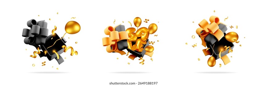 Open gift box with party objects. Black friday shopping concept. Birthday or anniversary celebration for promotion. 3d vector stock cartoon illustration.