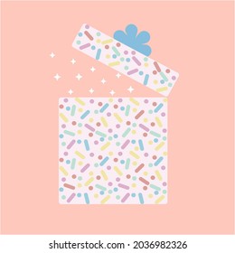 An open gift box with a pattern of confetti and a bow, from which the stars fly