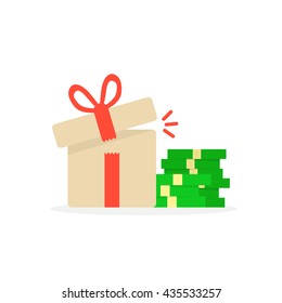 Open Gift Box With Pile Of Money. Concept Of Gamble, Jackpot, Grant, Benefit, Fund, Bill, Bow, Package, Store, Discount, Budget. Flat Style Trend Logo Design Vector Illustration On White Background