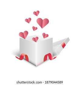 Abrir caja de regalo con corazones rosados. Día de San Valentín. Ilustración vectorial.
