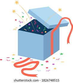Open gift box with a pink ribbon, festive tinsel. Vector element for design.