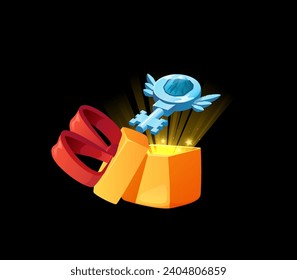 Open gift box with precious key and magic glow. Game ui icon for achievement unlock, prize and reward. Isolated cartoon illustration on dark background.